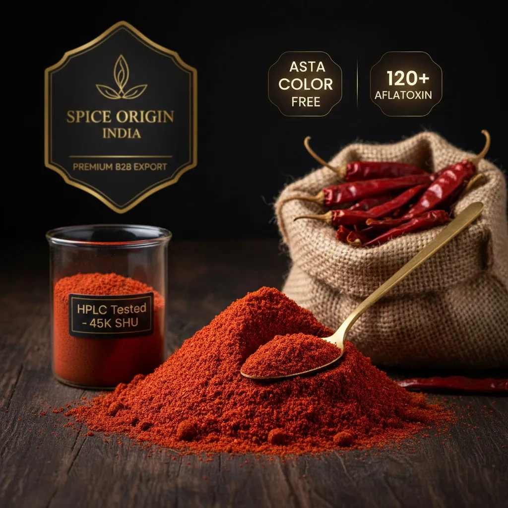 Vibrant red chilli powder pile with whole dried chillies in a burlap sack, featuring HPLC tested 45K SHU and 120+ ASTA color badges for Spice Origin India bulk export.