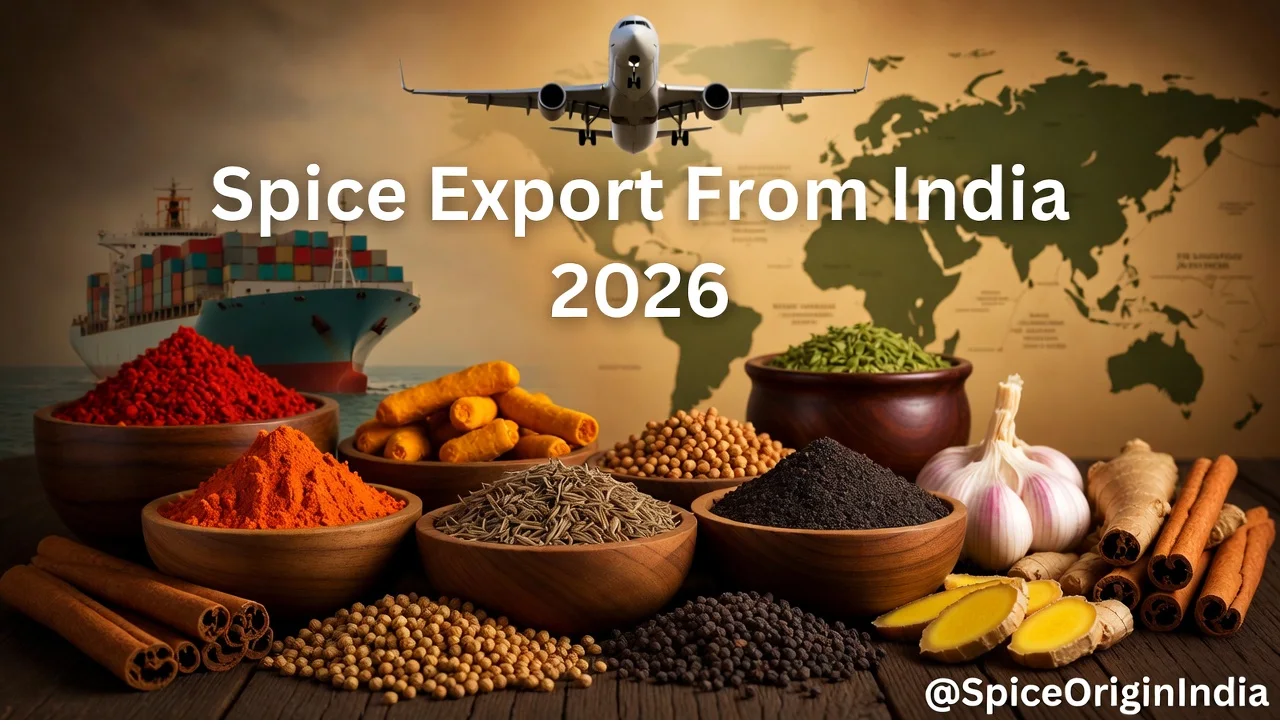 Spice export from India showing chilli, turmeric, cumin, coriander, black pepper and ginger for global export market