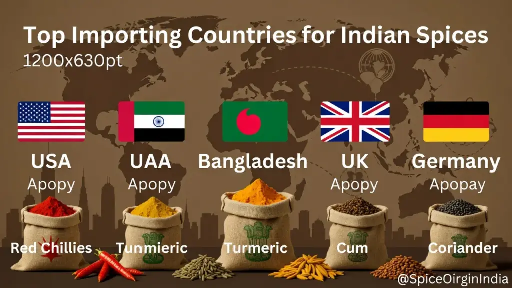 Top importing countries for Indian spices including USA, UAE, Bangladesh, UK, and Germany