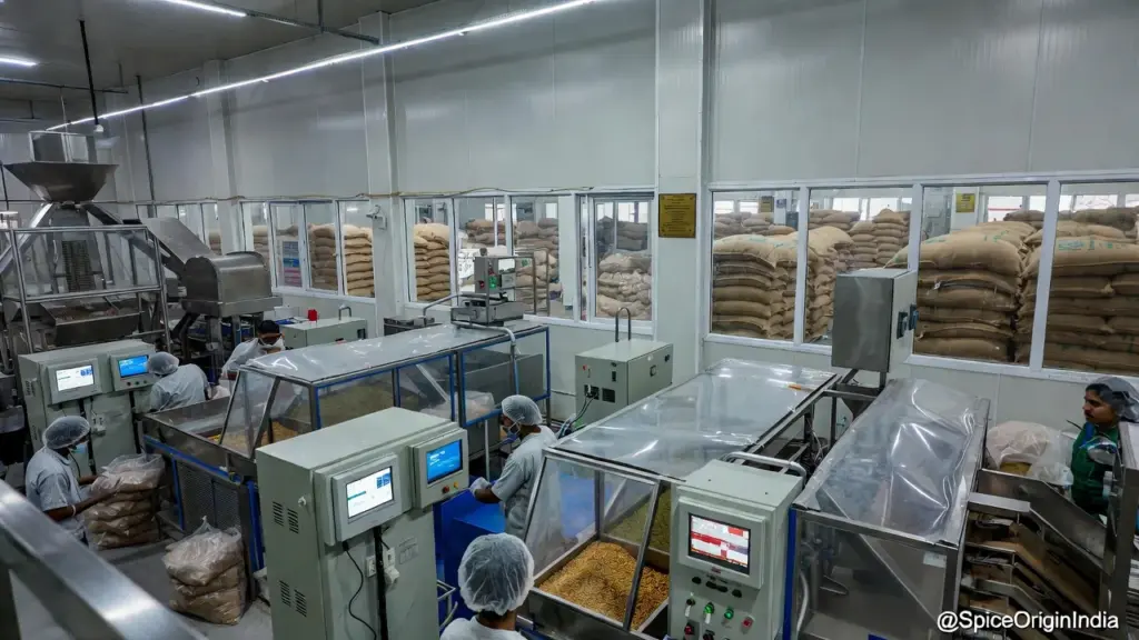 ISO certified spice processing facility in Gujarat with automated sorting machinery for cumin and fennel export quality control