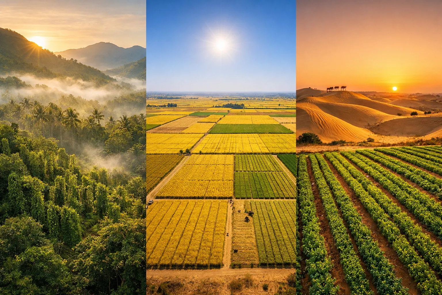 Aerial comparison of India's three spice regions: Kerala's tropical pepper plantations, Gujarat's cumin fields, and Rajasthan's desert coriander farms for spice export sourcing