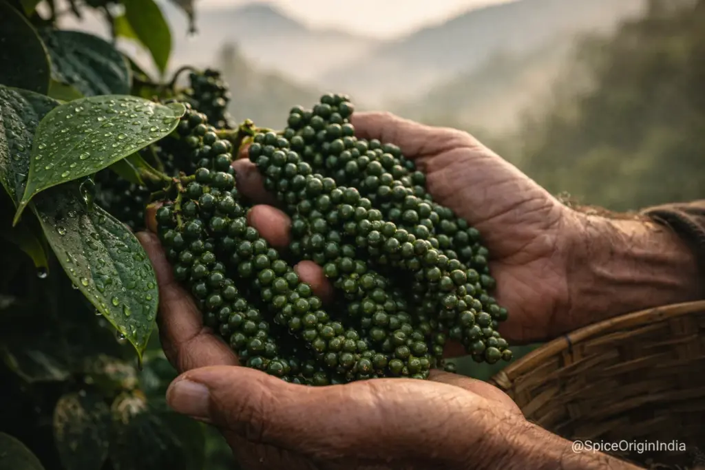 Kerala farmer harvesting premium Malabar black pepper in Western Ghats plantation with morning mist and mountain backdrop