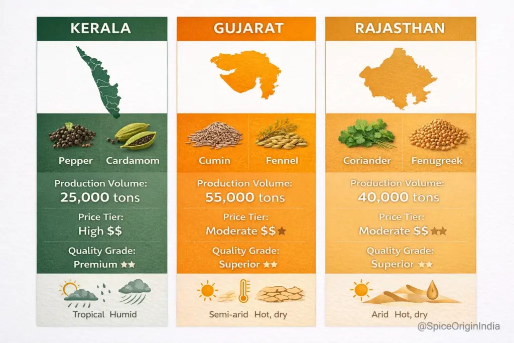 Infographic comparing Kerala, Gujarat, and Rajasthan spice regions: production volumes, quality grades, pricing, and best uses for export buyers