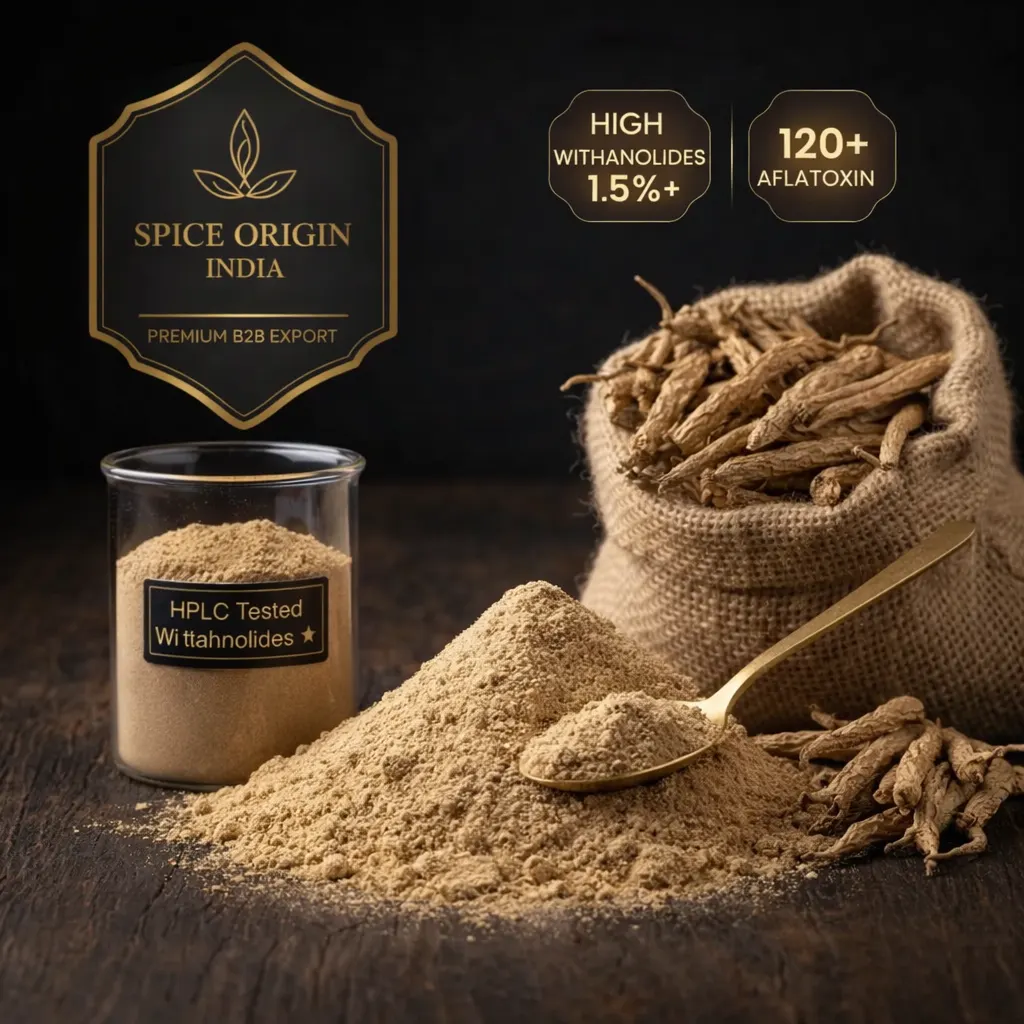 Export-grade Nagori Ashwagandha root and powder sourced from Nagaur Rajasthan by Spice Origin India for bulk herbal and nutraceutical export