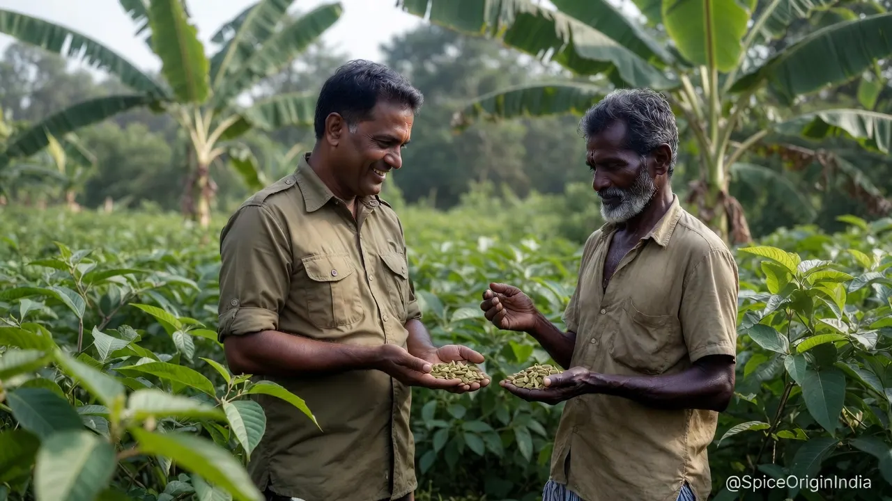 Spice sourcing expert at Kerala plantation holding fresh cardamom pods