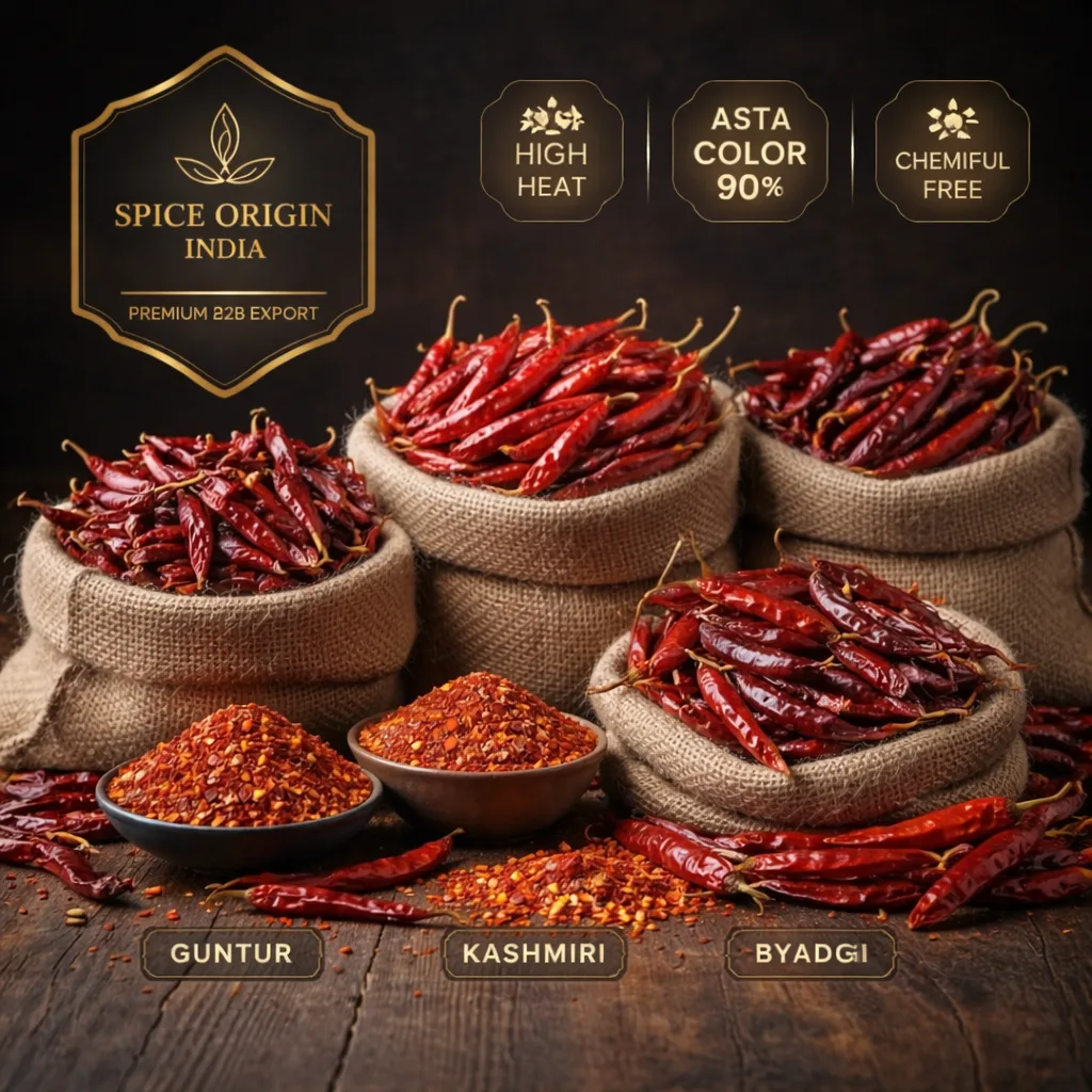 Export-grade whole dry red chilli including Guntur Kashmiri and Byadgi varieties supplied by Spice Origin India